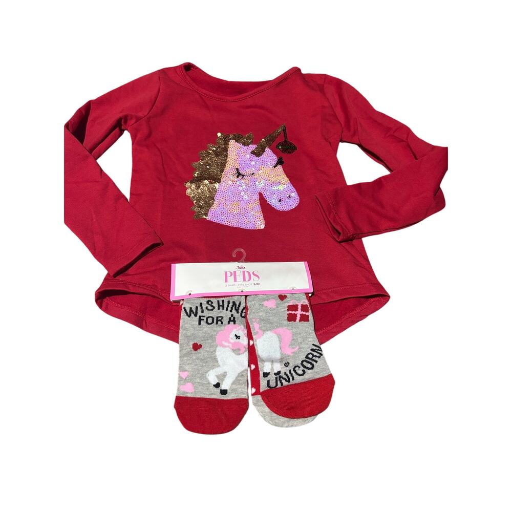 Btween red fleece lined Christmas unicorn long sleeve shirt w/ unicorn socks